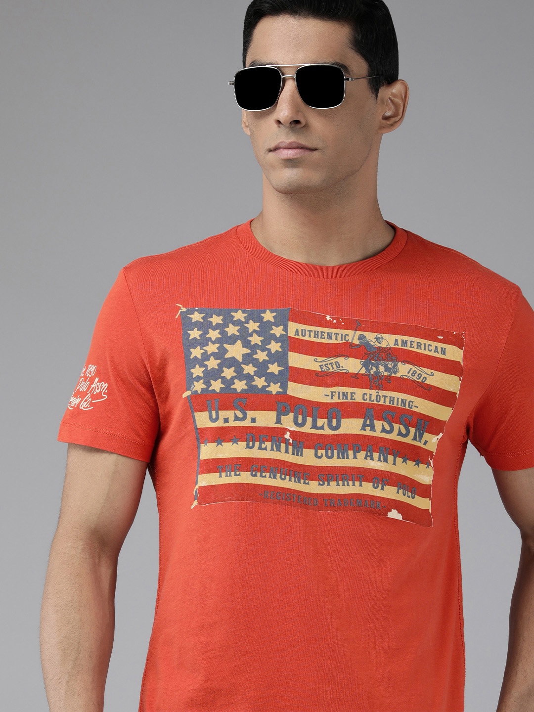 

U S Polo Assn Denim Co Men Red & Cream-Coloured Brand Logo Printed Pure Cotton T-shirt