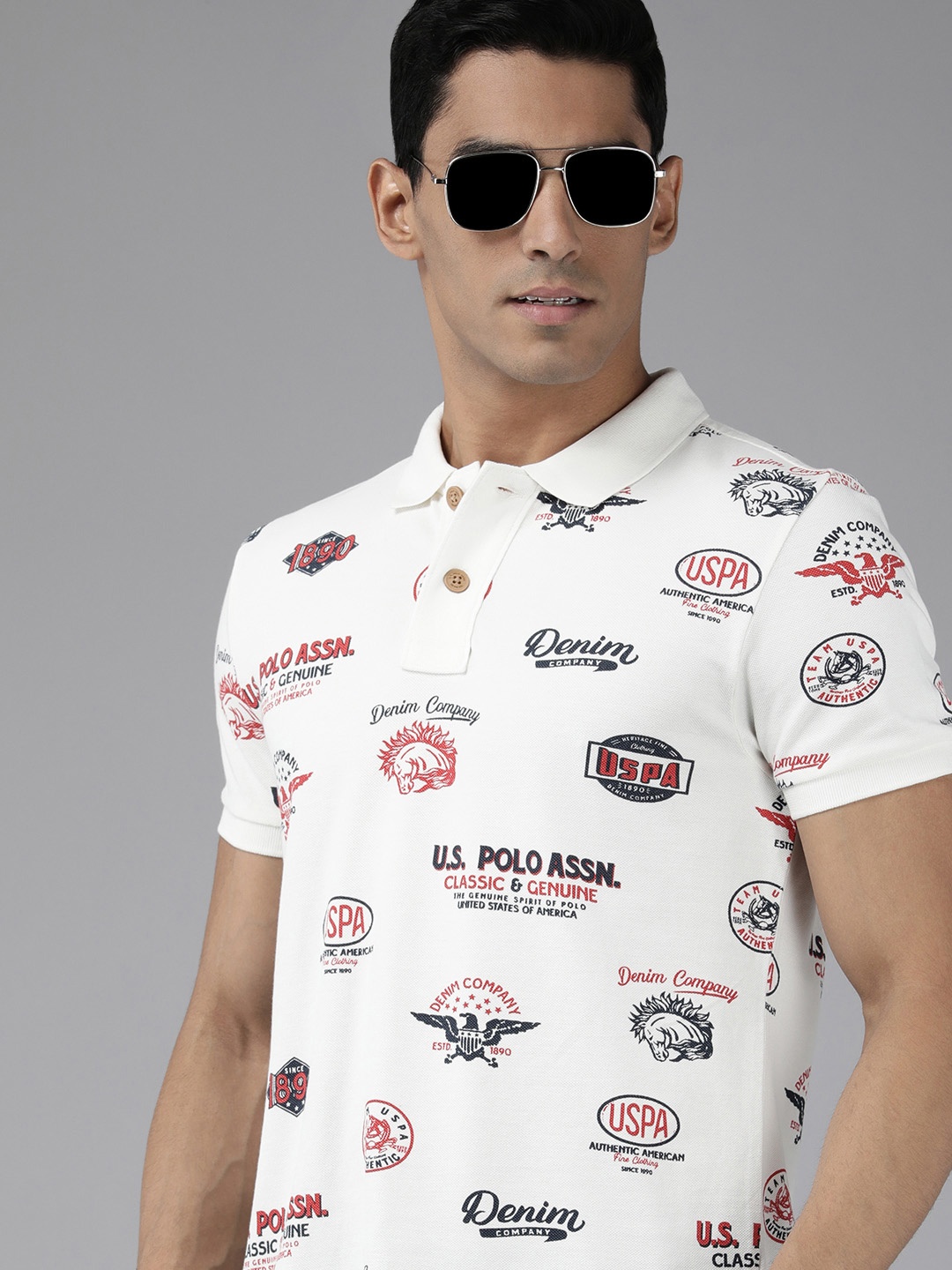 

U S Polo Assn Denim Co Men White Brand Logo Printed Polo Collar Slim Fit T-shirt