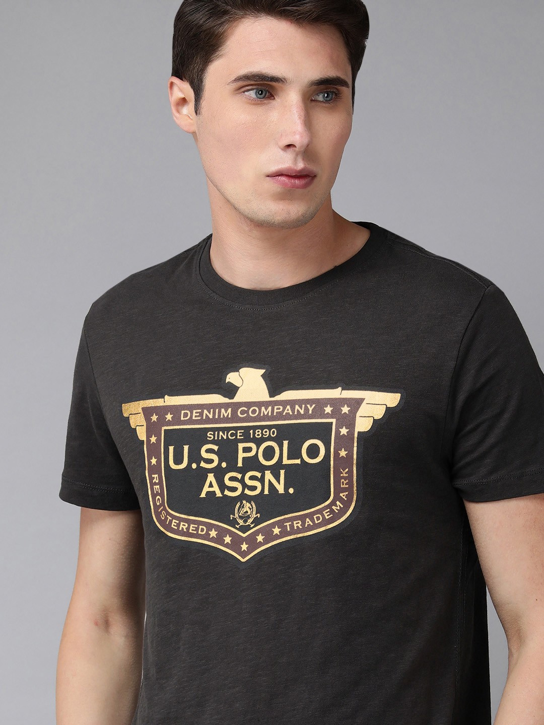 U S Polo Assn Denim Co Men Charcoal Grey Brand Logo Printed Pure Cotton Slim Fit T-shirt