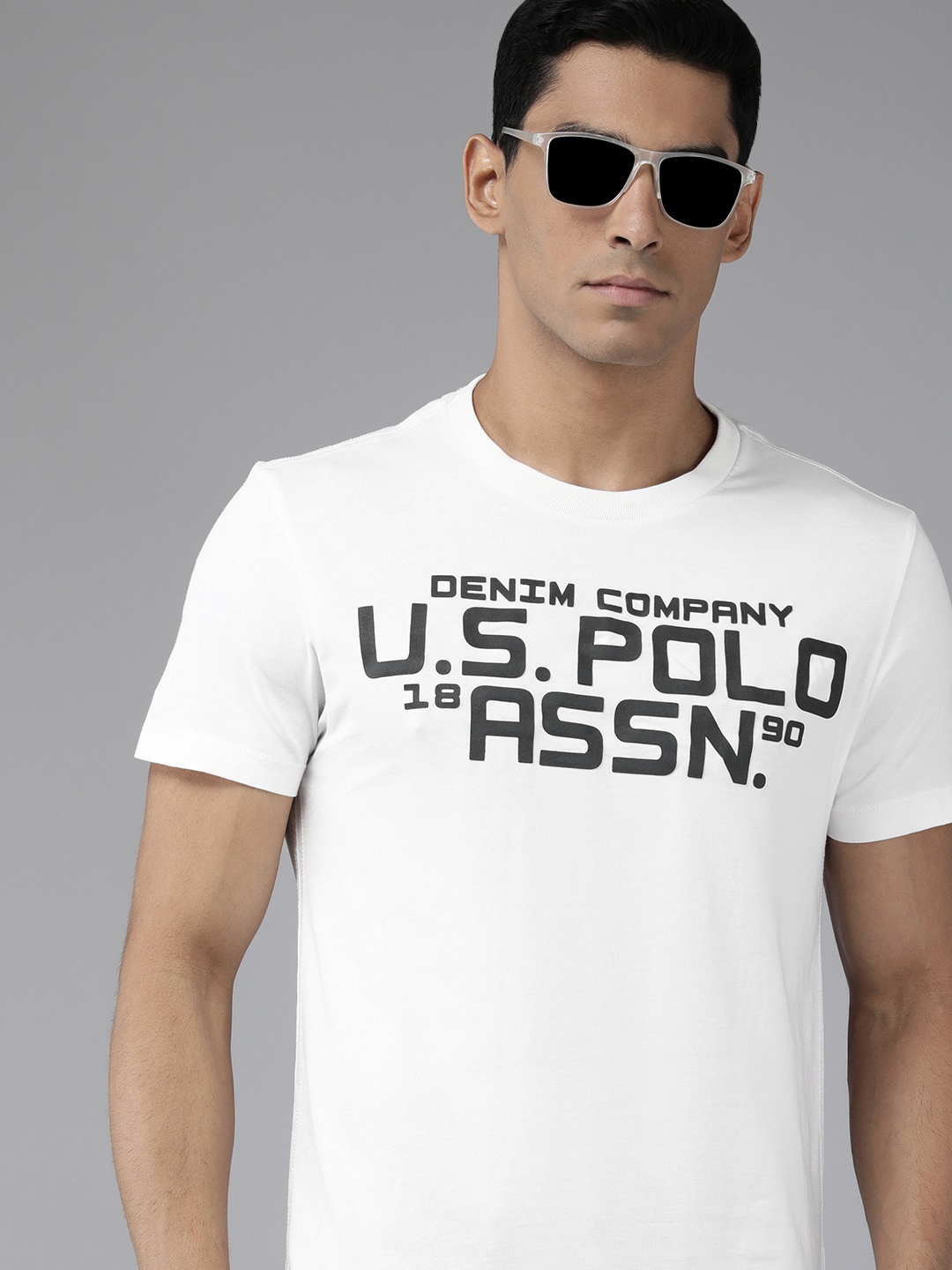 

U S Polo Assn Denim Co Men White & Black Brand Logo Printed Pure Cotton T-shirt