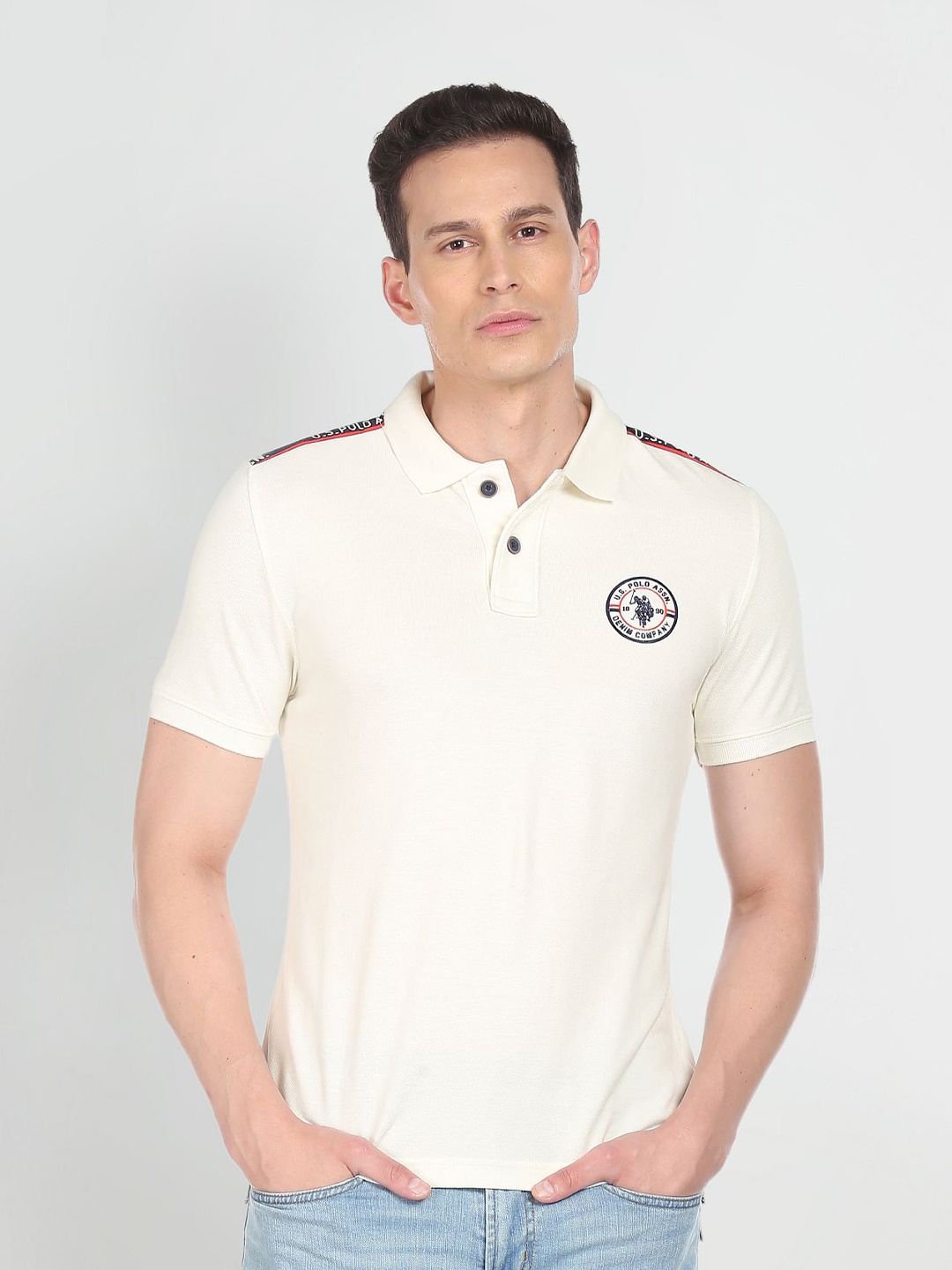 

U.S. Polo Assn. Denim Co. Men Off White Polo Collar Pure Cotton Slim Fit T-shirt