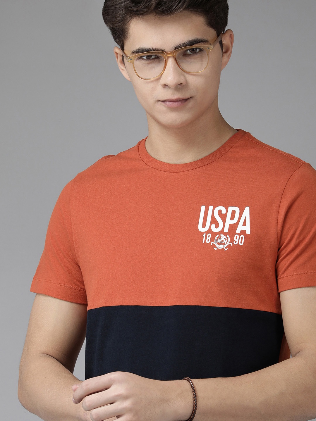 

U S Polo Assn Denim Co Men Orange & Navy Blue Colourblocked Pure Cotton Slim Fit T-shirt