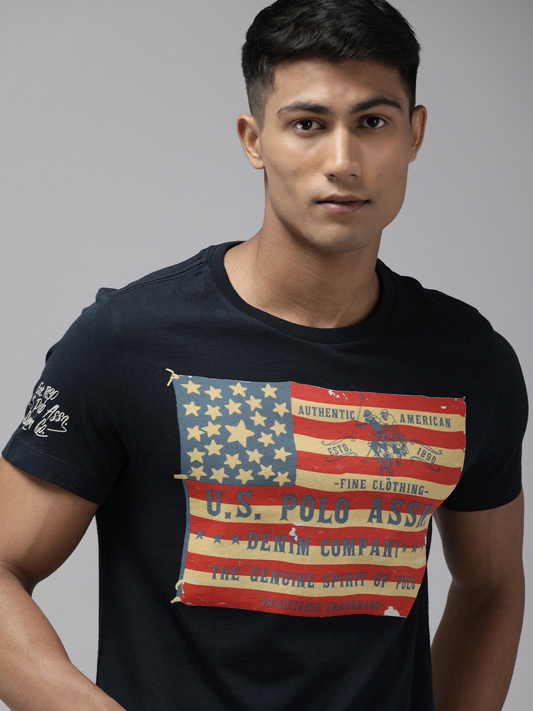 

U S Polo Assn Denim Co Men Navy Blue Printed Pure Cotton Slim Fit T-shirt