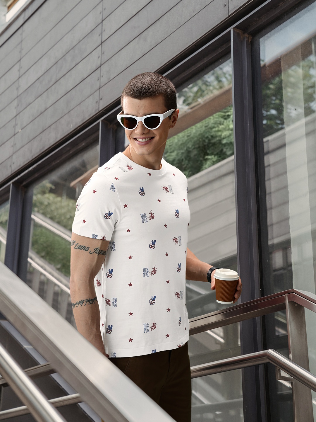 

U S Polo Assn Denim Co Men White & Blue Brand Logo Printed Pure Cotton Slim Fit T-shirt