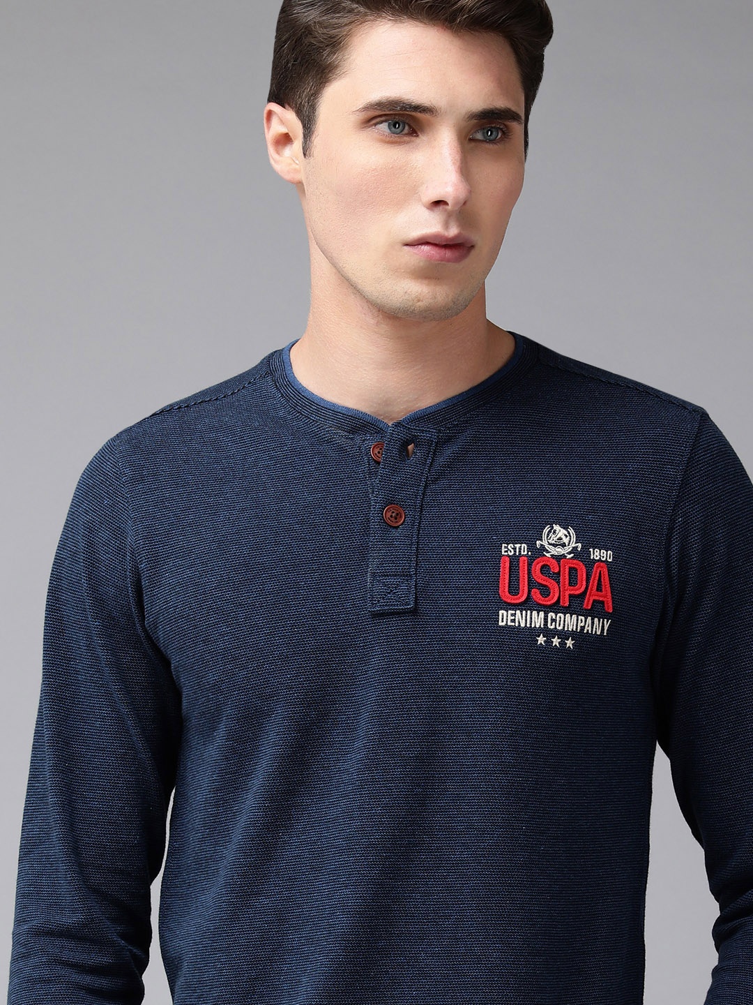 

U S Polo Assn Denim Co Men Navy Blue Henley Neck Slim Fit T-shirt