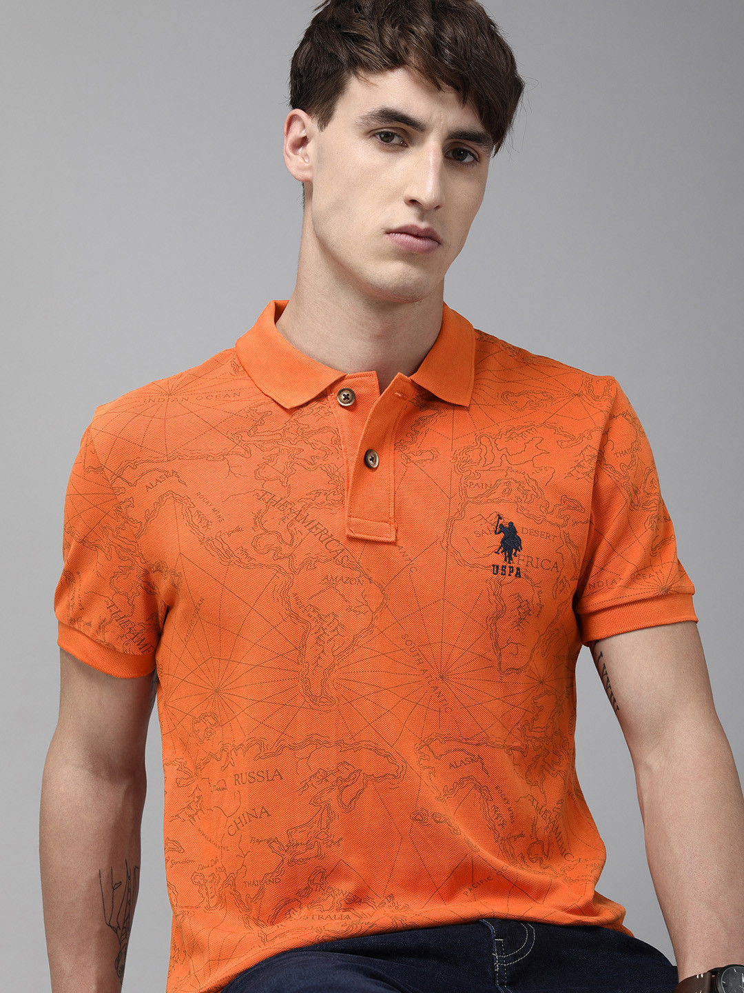 

U.S. Polo Assn. Denim Co. Men Orange Printed Polo Collar Pure Cotton Slim Fit T-shirt