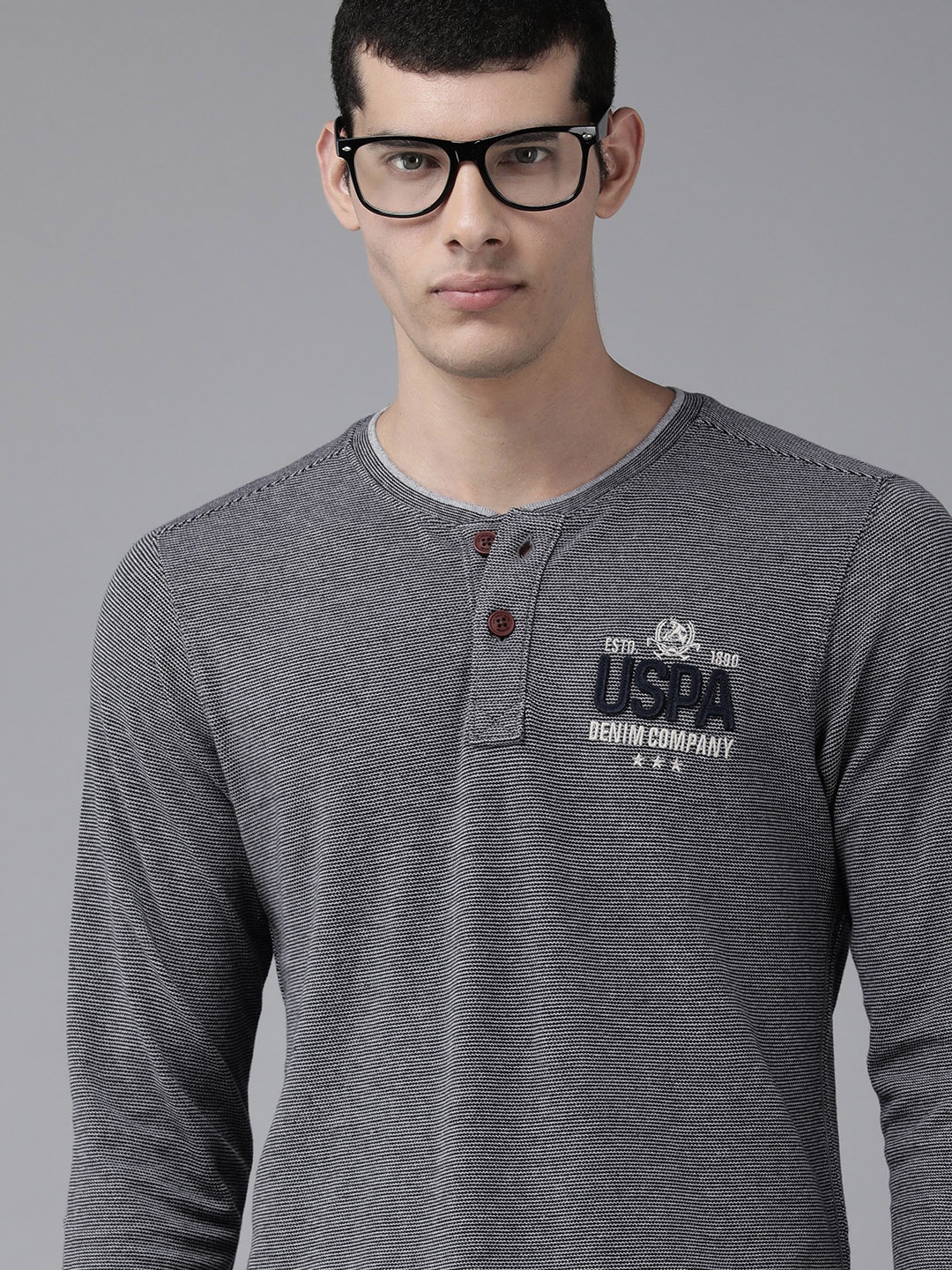 

U S Polo Assn Denim Co Men Charcoal Grey Embroidered Henley Neck Pure Cotton Slim T-shirt