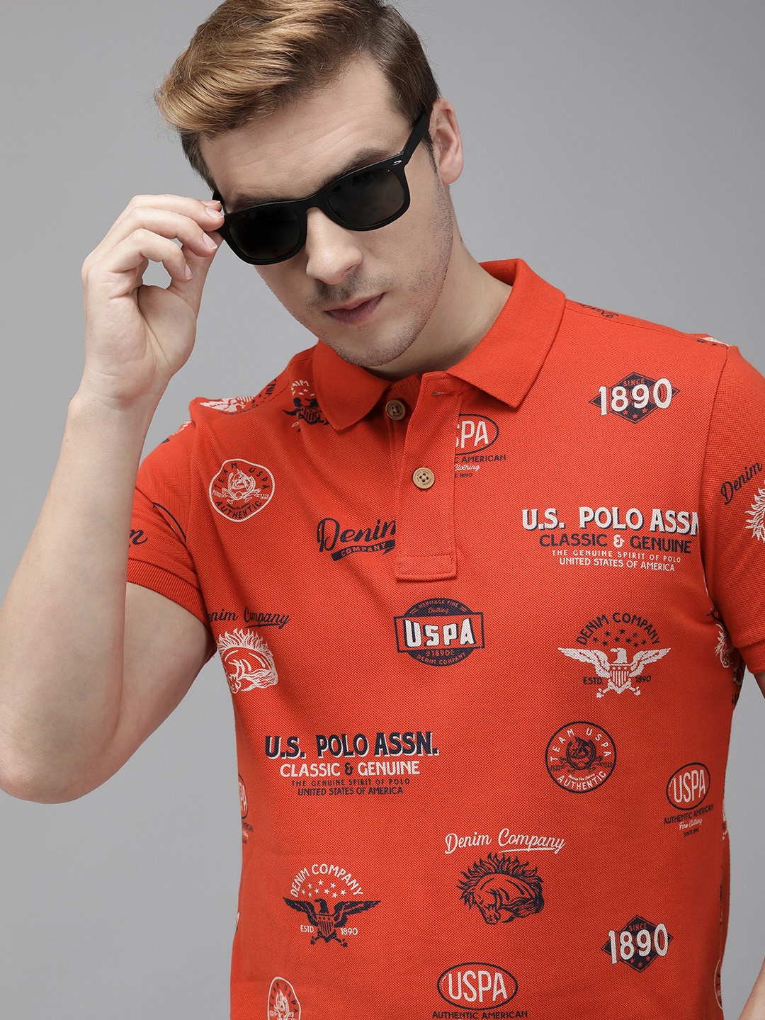 

U.S. Polo Assn. Denim Co. Men Red Pure Cotton Brand Logo Printed Polo Collar T-shirt