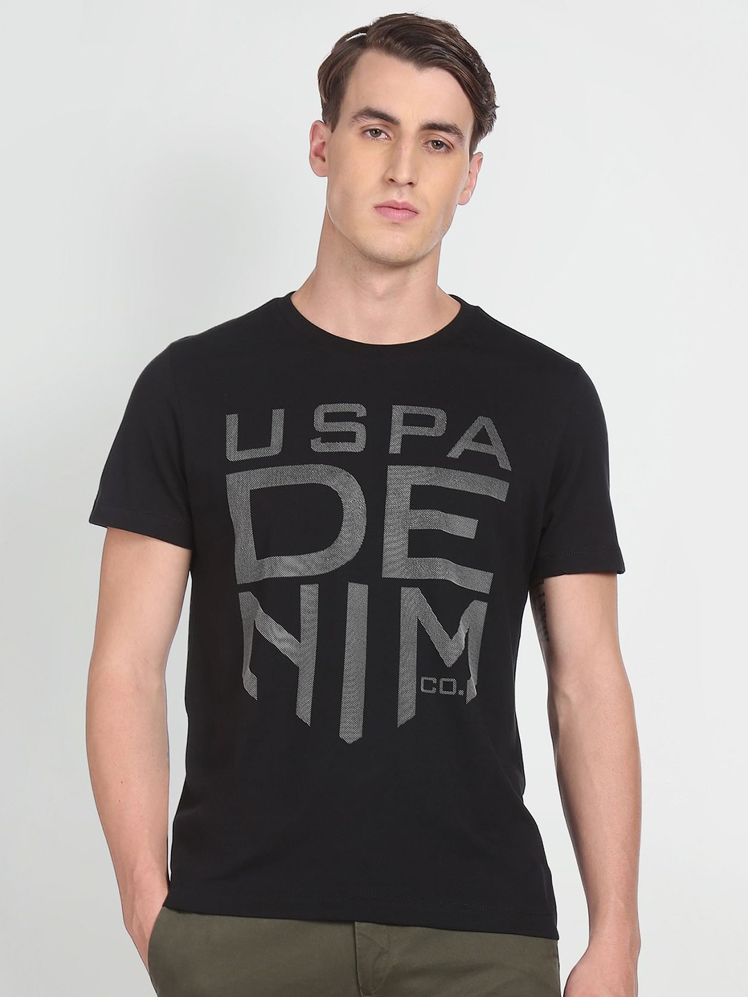 

U S Polo Assn Denim Co Men Black Brand Logo Printed Pure Cotton Slim Fit T-shirt