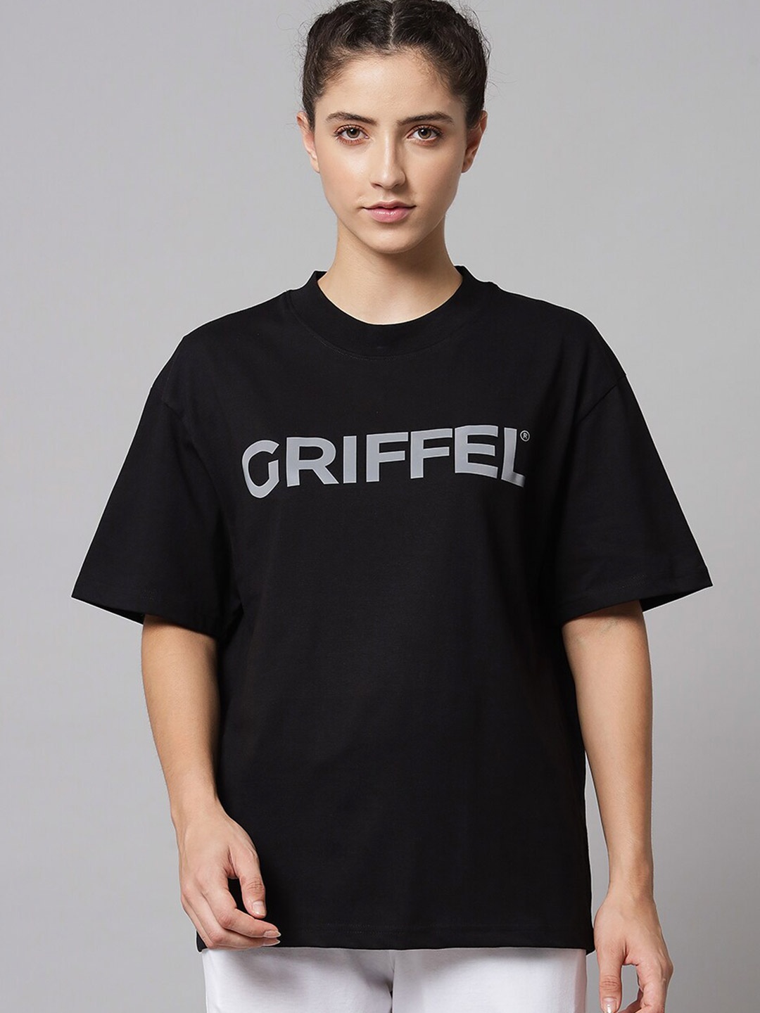 

GRIFFEL Women Black Typography Printed Applique Oversized T-shirt