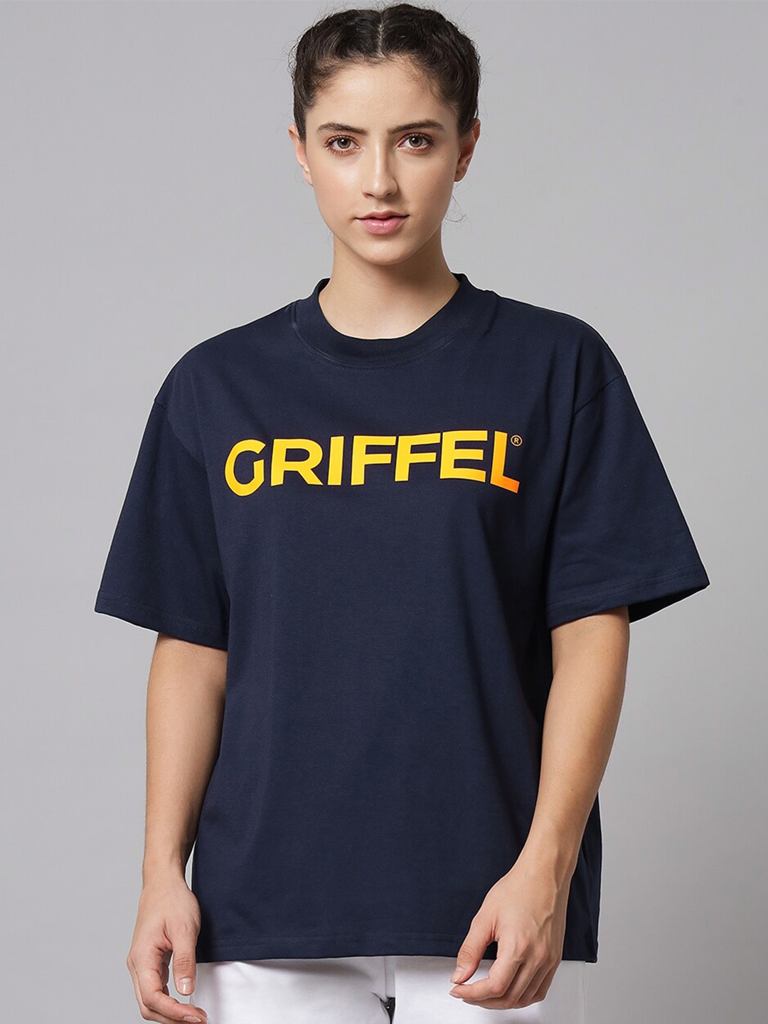 

GRIFFEL Women Navy Blue Typography Printed Oversized T-shirt