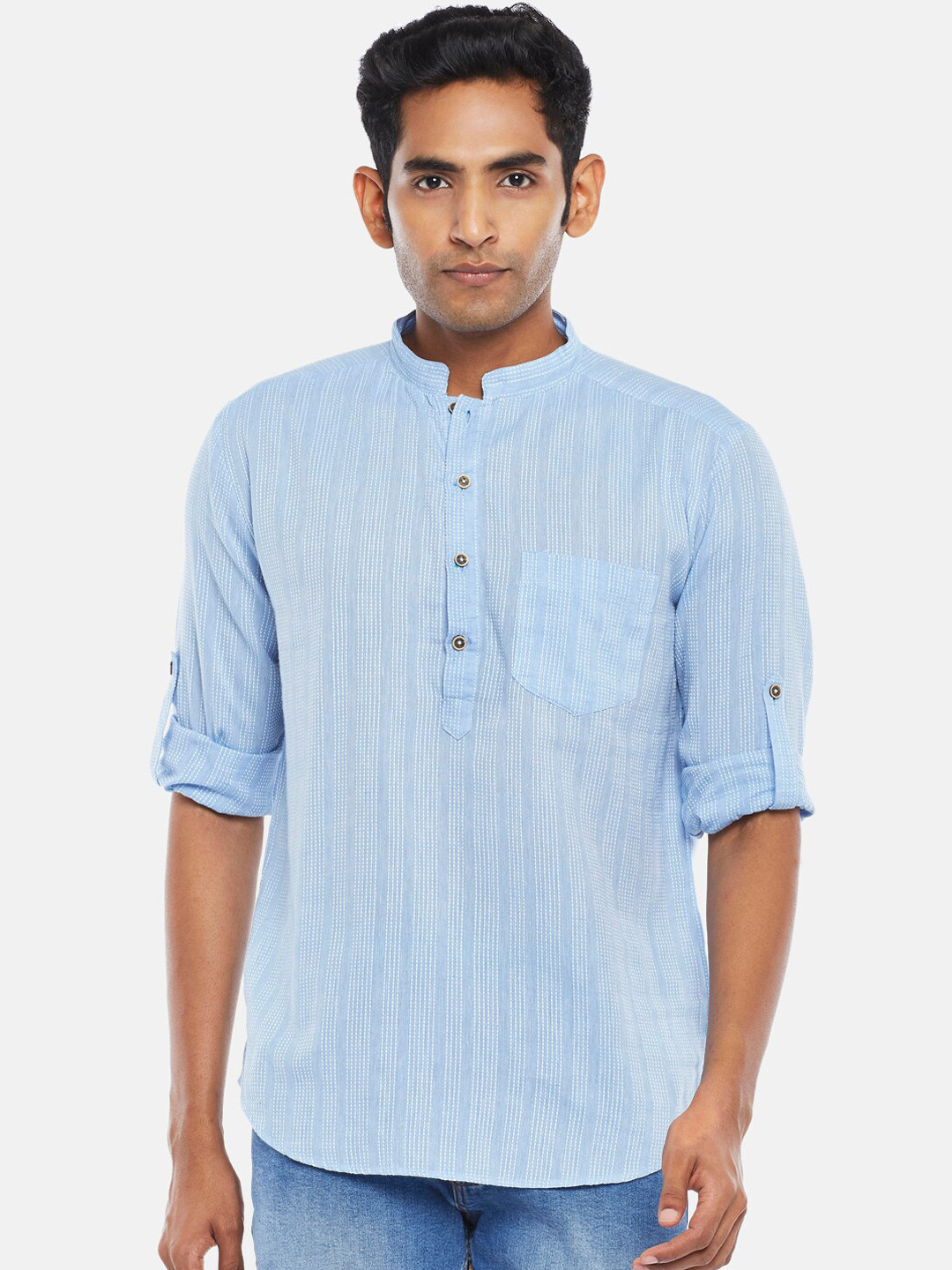 

indus route by Pantaloons Men Blue Striped Cotton Casual Shirt