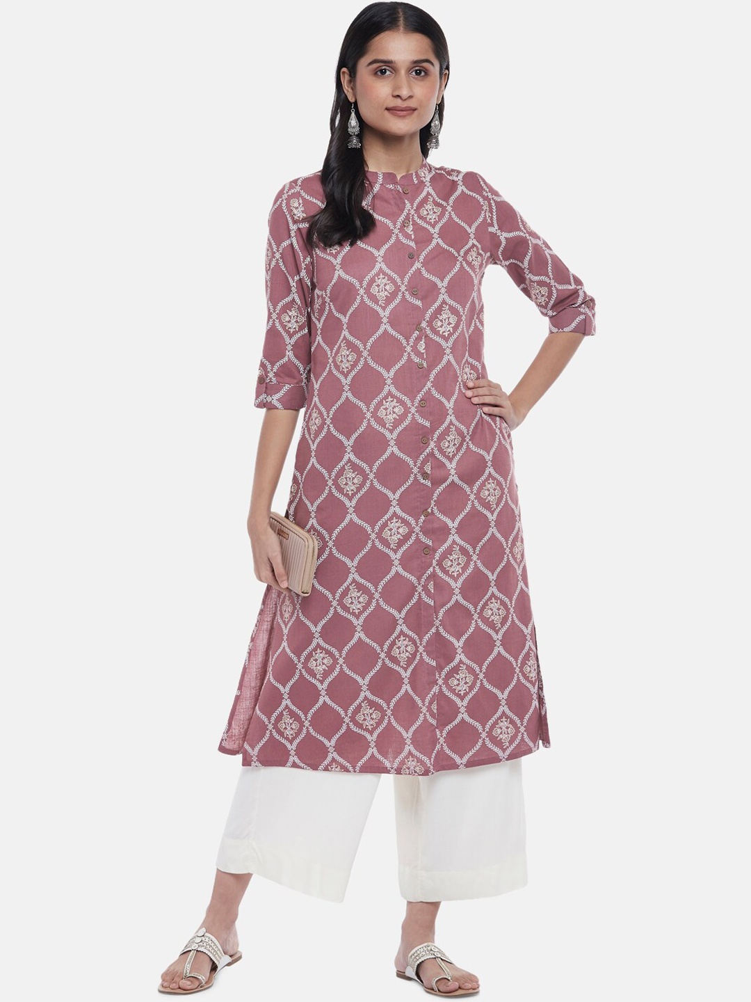 

RANGMANCH BY PANTALOONS Women Purple Geometric Checked Keyhole Neck Kurta