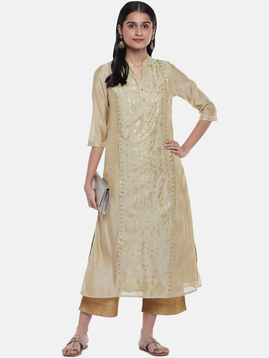 

RANGMANCH BY PANTALOONS Women Beige Ethnic Motifs Chanderi Silk Kurta