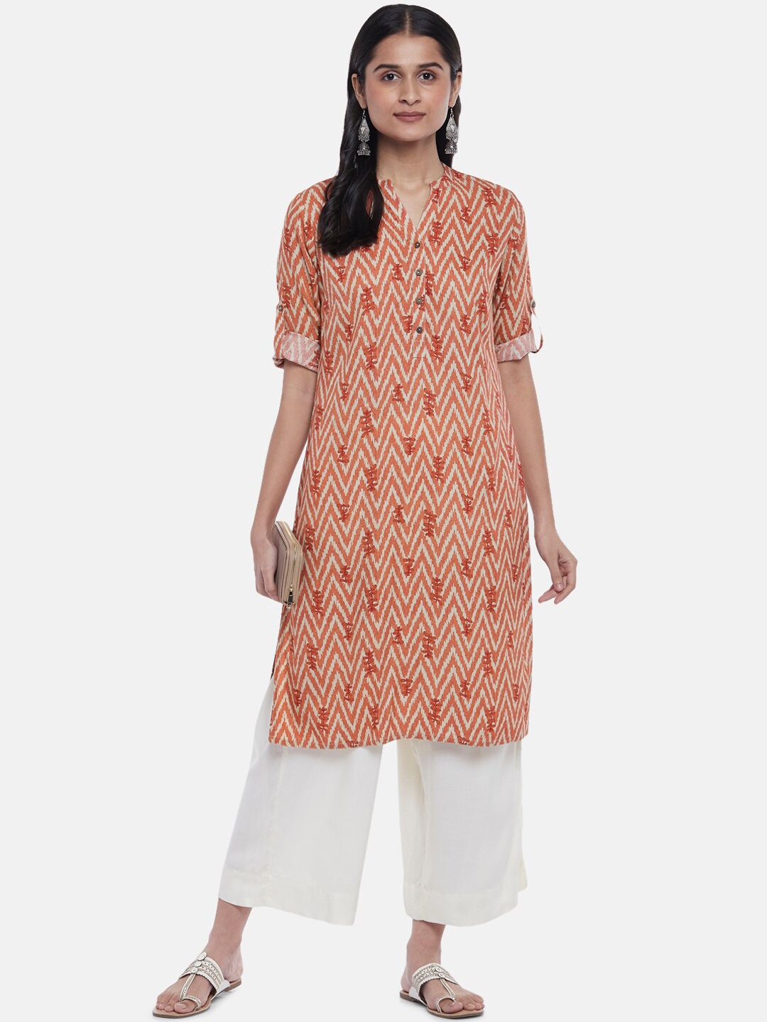 

RANGMANCH BY PANTALOONS Women Rust Chevron and Floral Printed Kurta