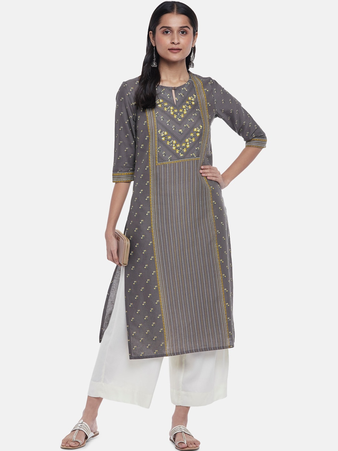 

RANGMANCH BY PANTALOONS Women Charcoal Geometric Printed Keyhole Neck Cotton Kurta