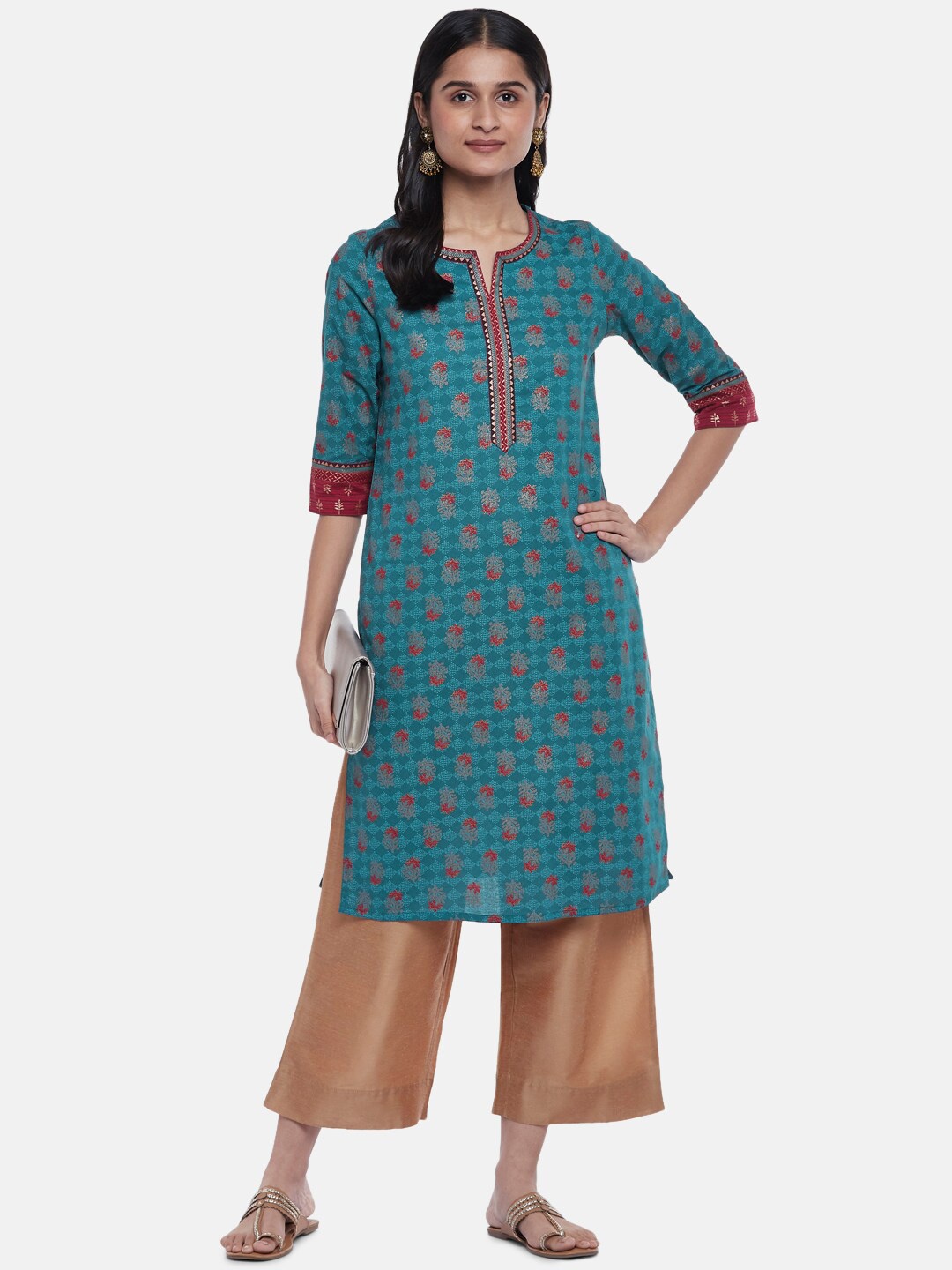 

RANGMANCH BY PANTALOONS Women Navy Blue Ethnic Motifs Checked Keyhole Neck Thread Work Kurta