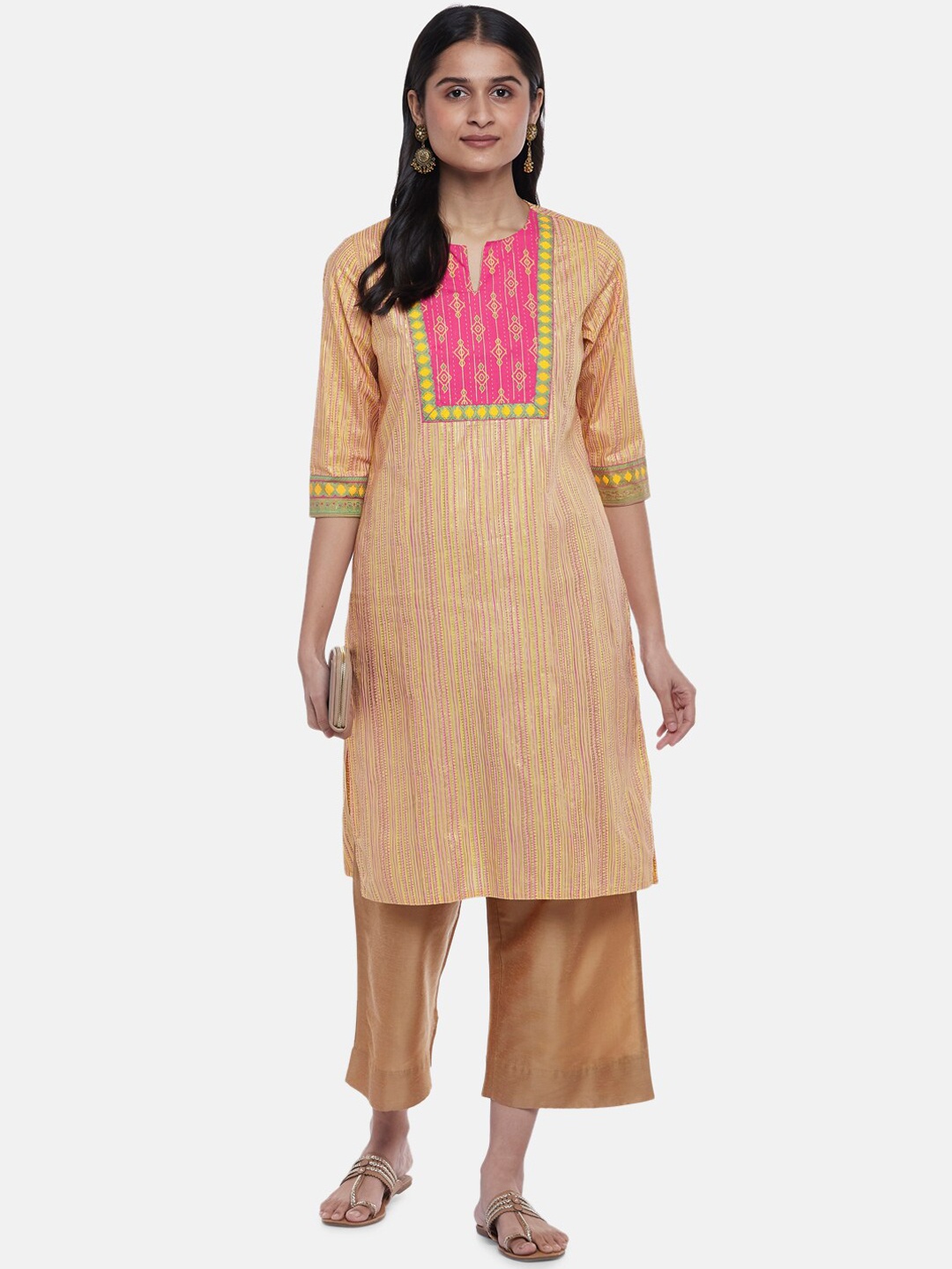 

RANGMANCH BY PANTALOONS Women Yellow Ethnic Motifs Yoke Design Thread Work Kurta