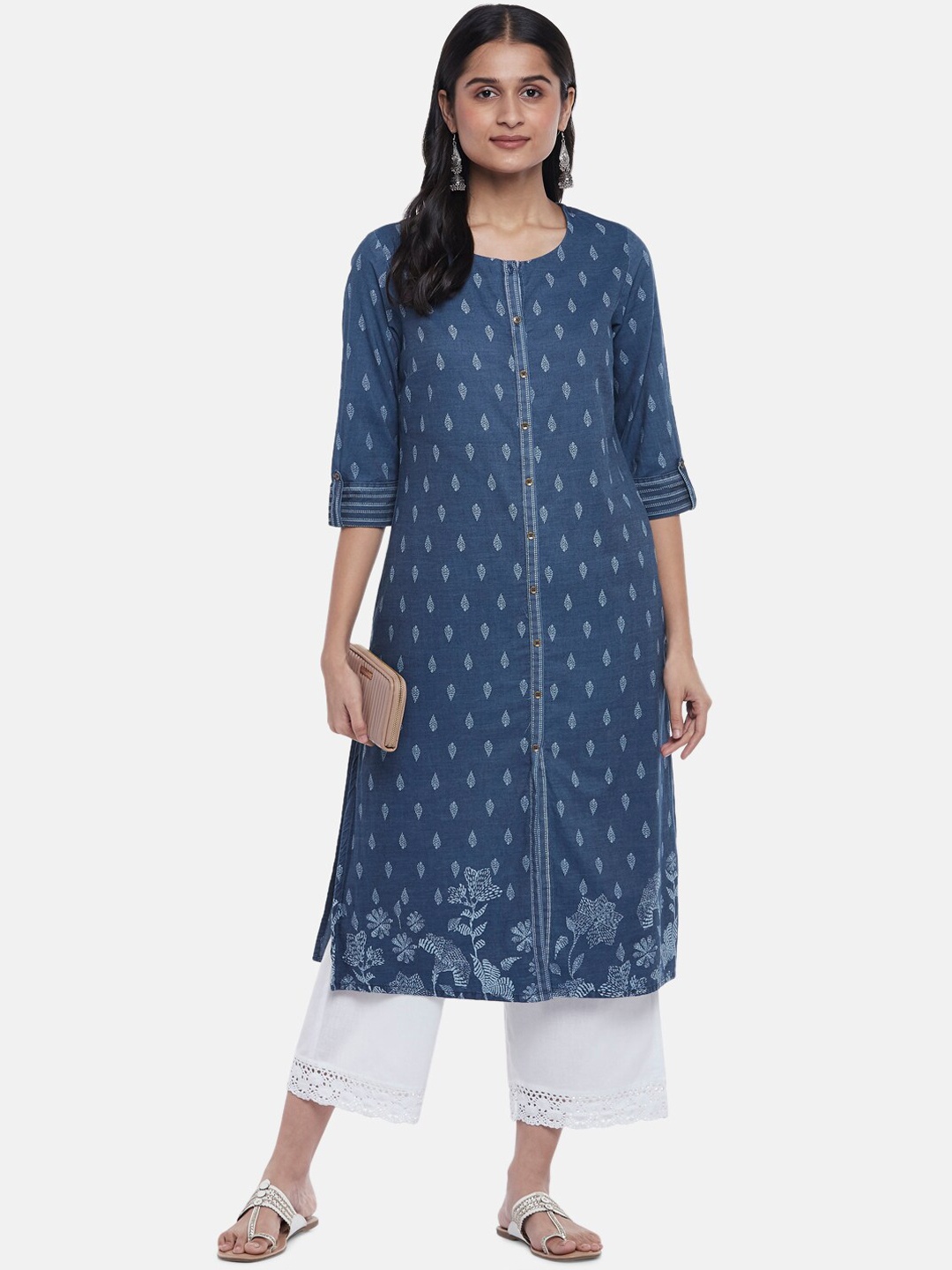 

RANGMANCH BY PANTALOONS Women Blue Ethnic Motifs Printed Denim Kurta