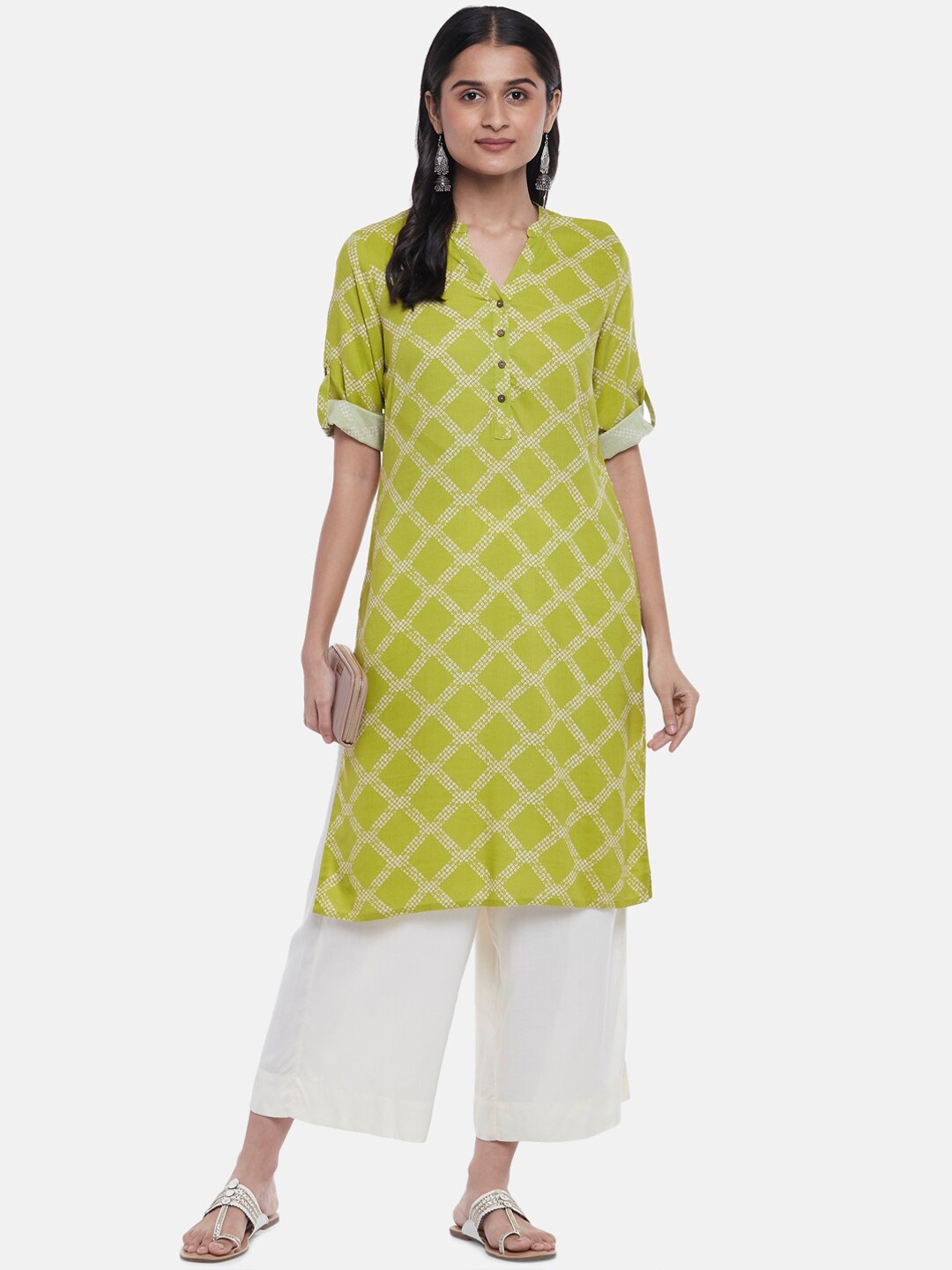 

RANGMANCH BY PANTALOONS Women Lime Green Geometric Checked Kurta