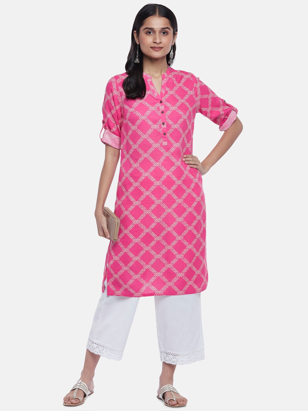 

RANGMANCH BY PANTALOONS Women Fuchsia & White Geometric Checked Straight Kurta