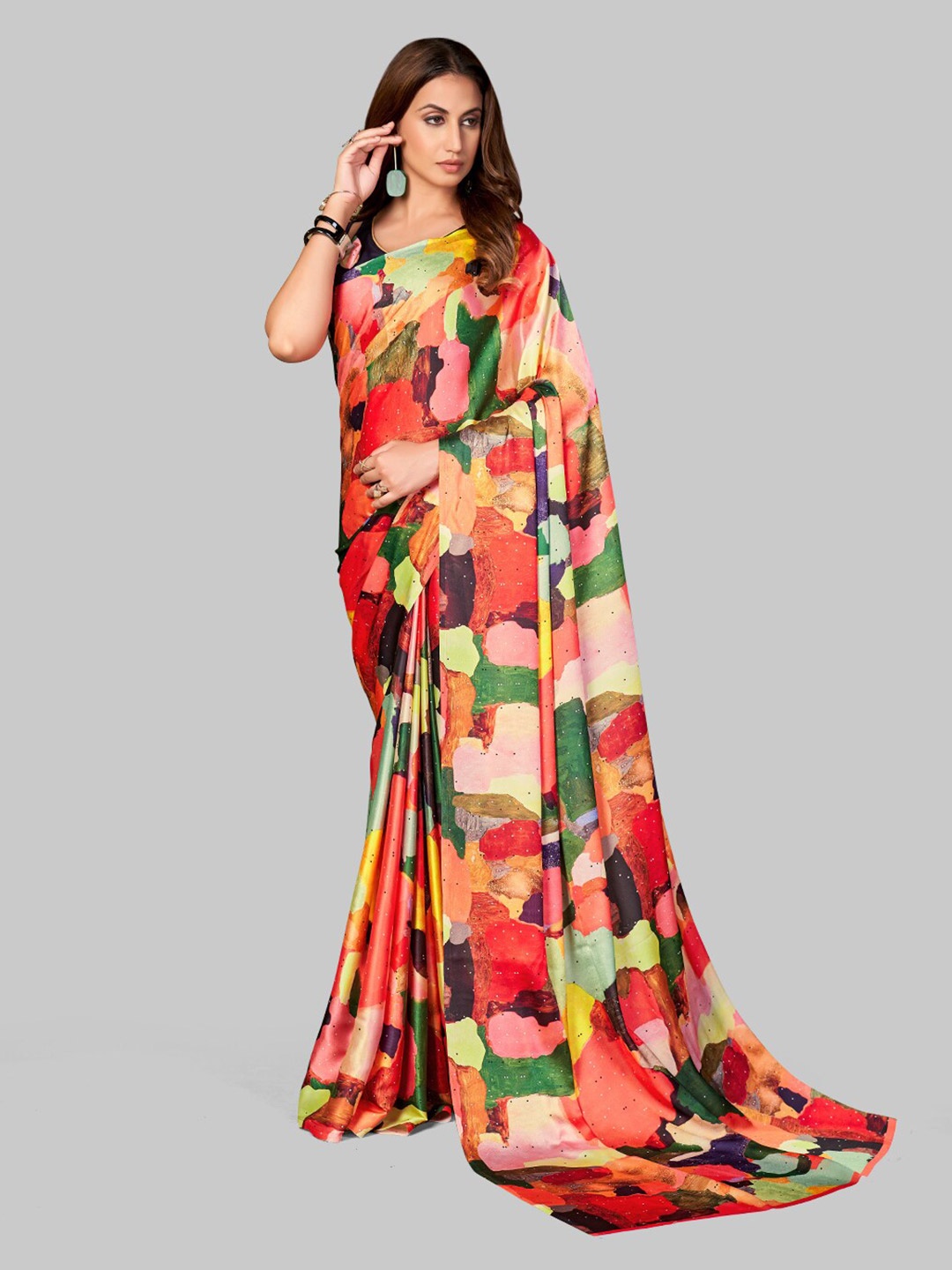 

7TH FAB Red Abstract Printed Satin Saree