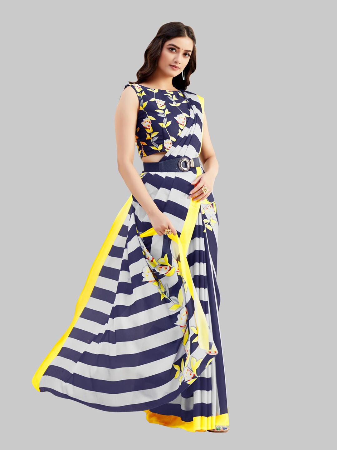 

7TH FAB Navy Blue & White Striped Satin Leheriya Saree