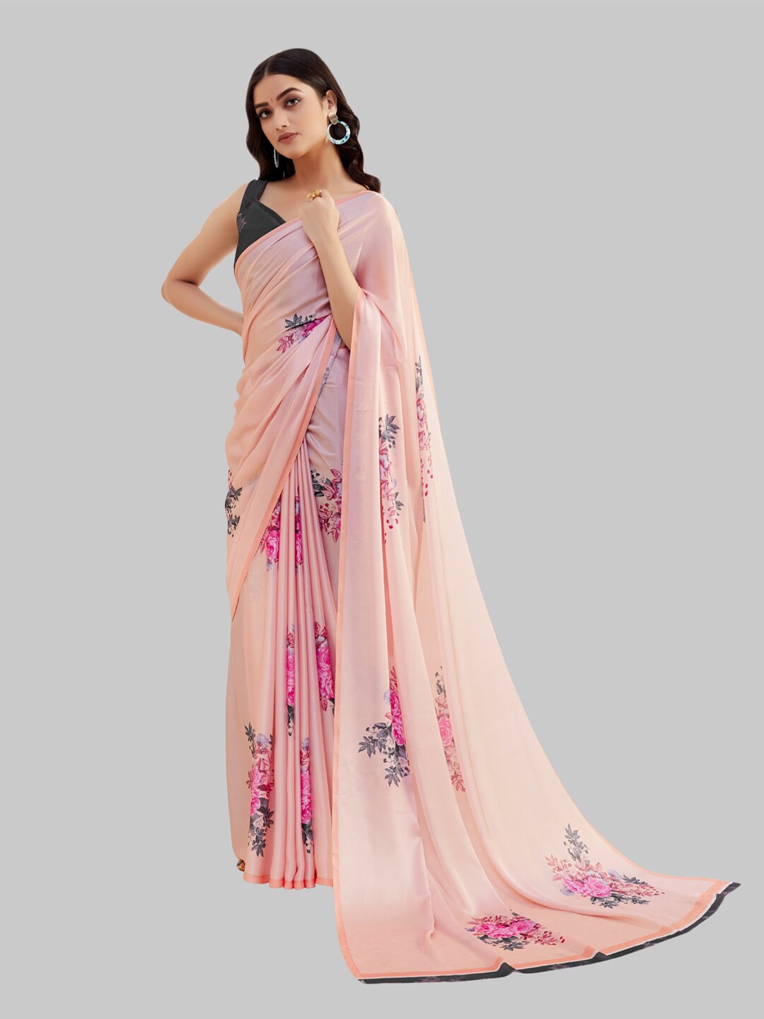 

7TH FAB Pink & Purple Floral Satin Saree