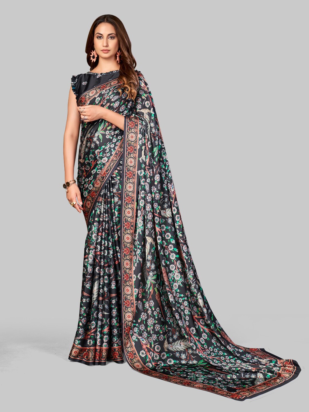 

7TH FAB Black & Green Floral Satin Saree