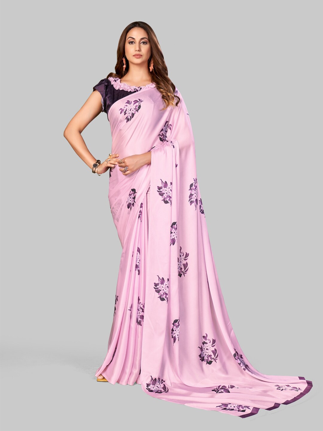 

7TH FAB Pink & Purple Floral Satin Saree