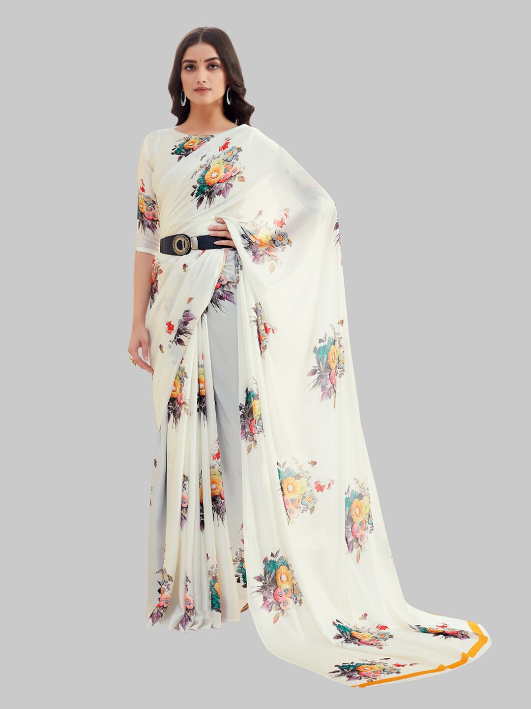 

7TH FAB Off White & Purple Floral Satin Saree