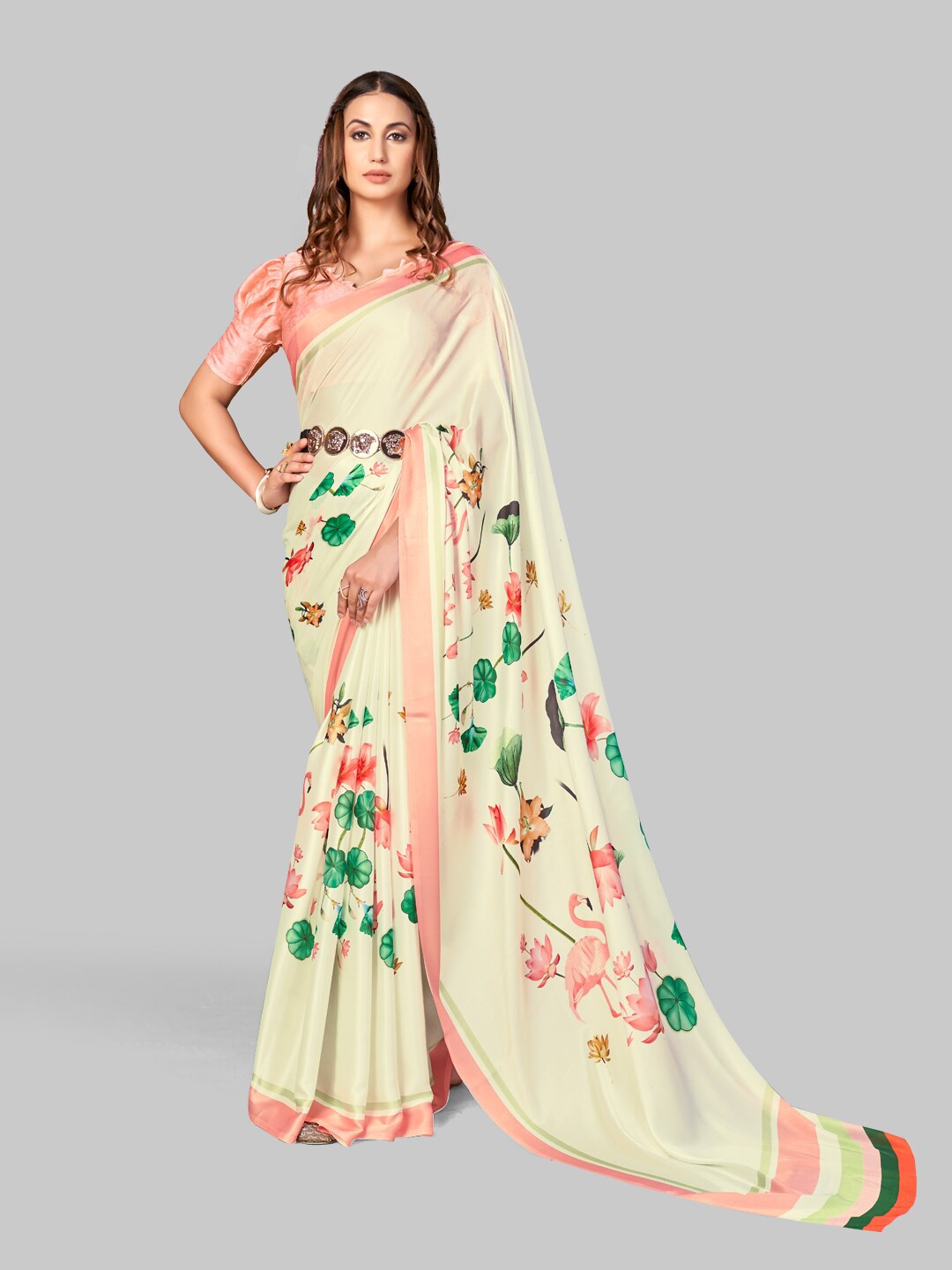 

7TH FAB Yellow & Pink Floral Satin Saree