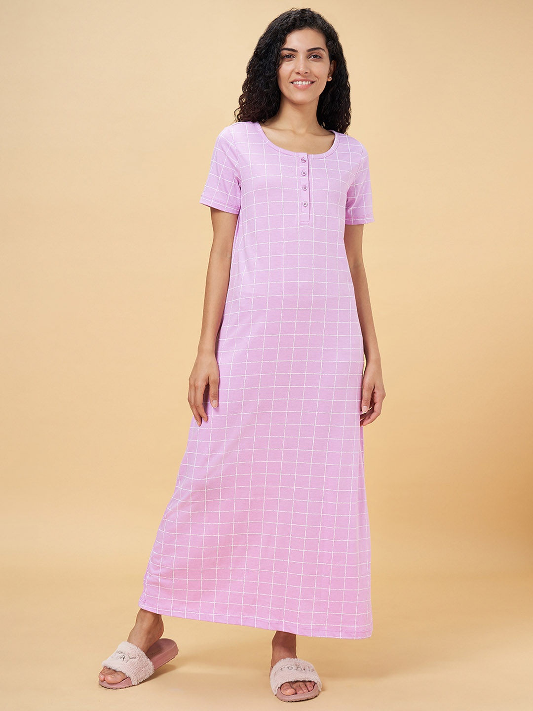 

Dreamz by Pantaloons Women Pink Printed Pure Cotton Maxi Nightdress