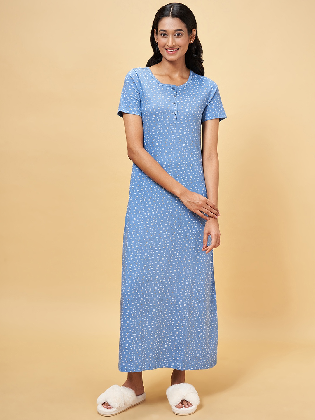 

Dreamz by Pantaloons Blue Printed Cotton Maxi Nightdress