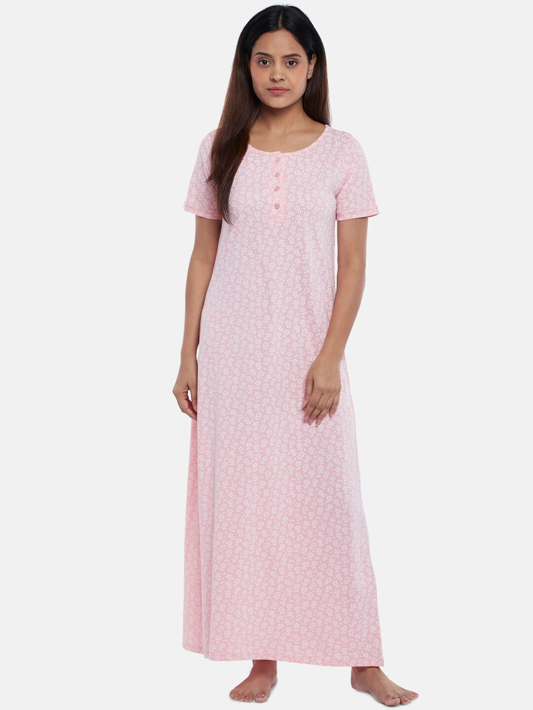 

Dreamz by Pantaloons Women Pink & White Printed Maxi Nightdress