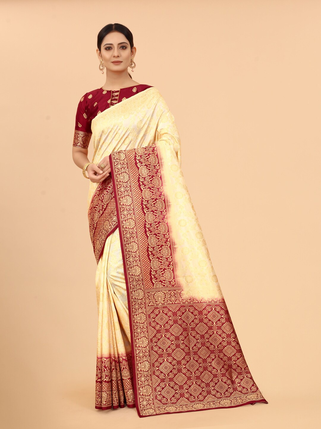 

WELL WORN Beige & Maroon Woven Design Zari Silk Cotton Banarasi Saree