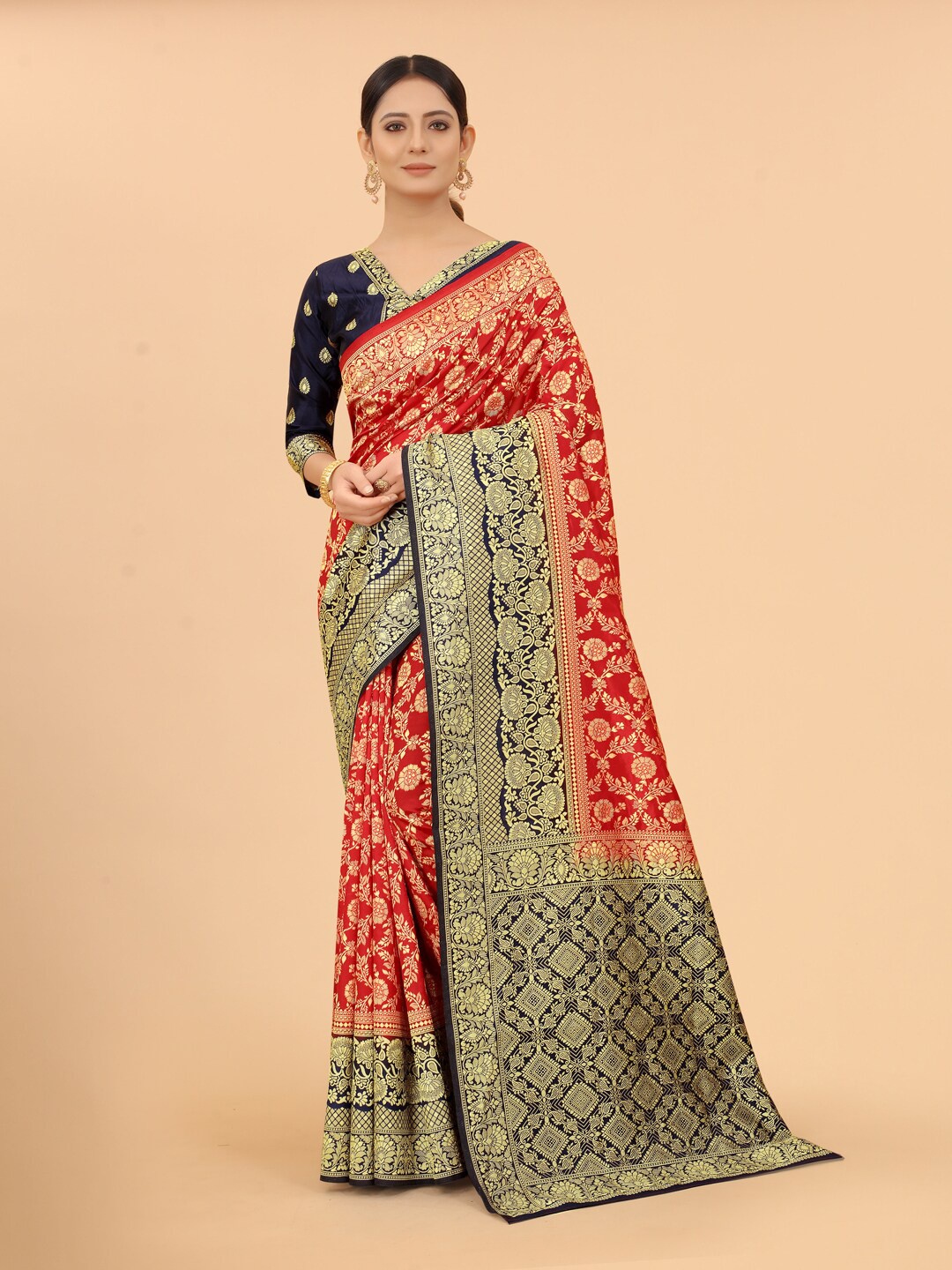 

WELL WORN Red & Navy Blue Woven Design Zari Silk Cotton Banarasi Saree