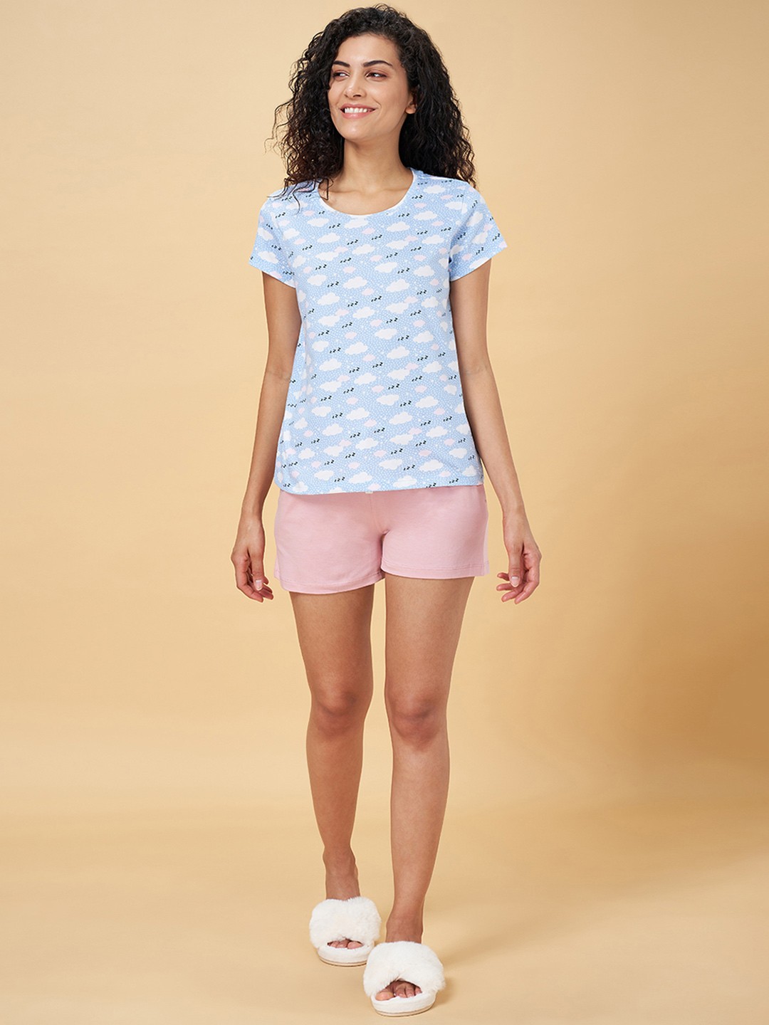 

Dreamz by Pantaloons Women Blue & Pink Printed Pure Cotton Night suit