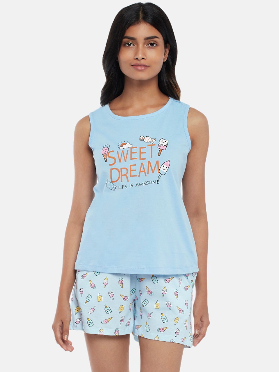 

Dreamz by Pantaloons Women Blue & Orange Printed Night suit