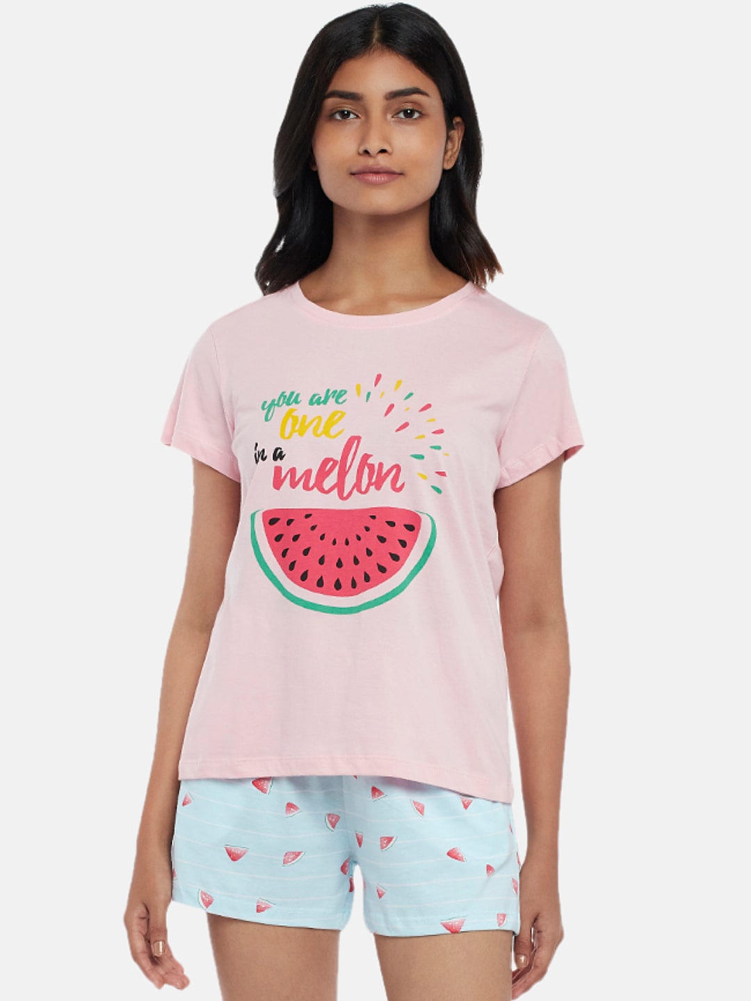 

Dreamz by Pantaloons Women Pink & Blue Printed Night suit