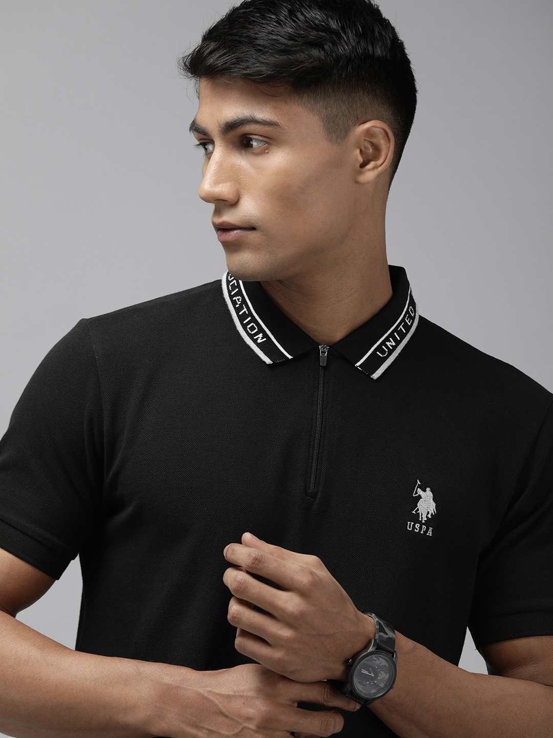 

U S Polo Assn Men Black Embroidered Polo Collar Pure Cotton Slim Fit T-shirt