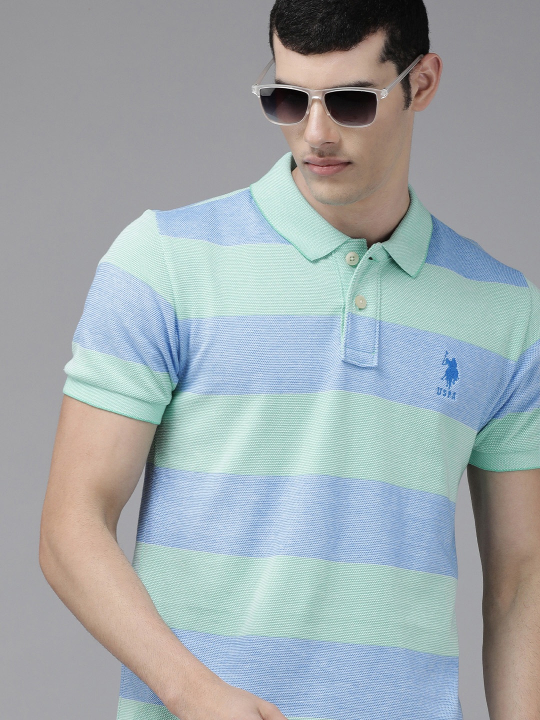 

U S Polo Assn Men Green Striped Polo Collar Pure Cotton Slim Fit T-shirt