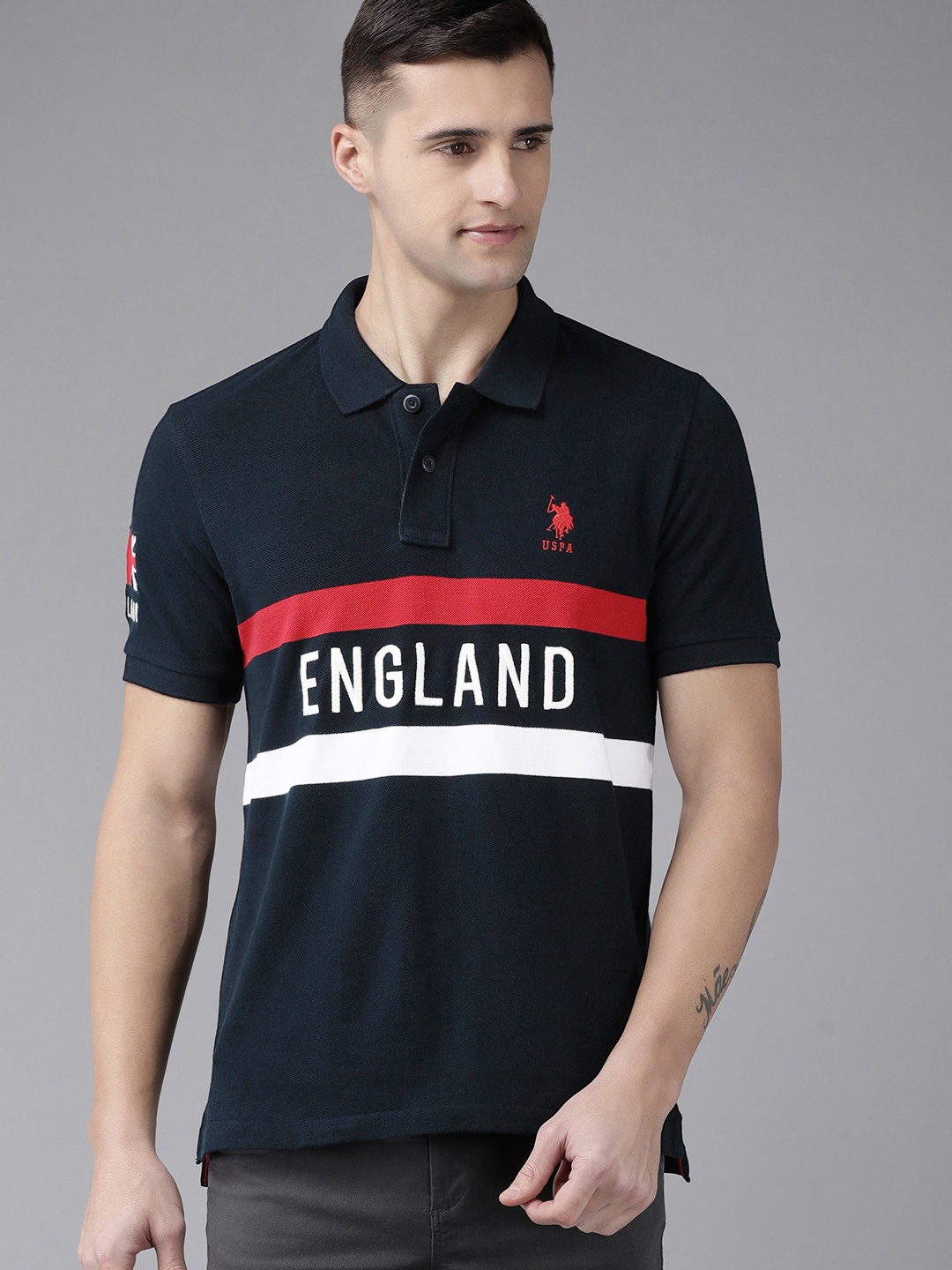 

U.S. Polo Assn. Men Navy Blue & White Typography Printed Polo Collar T-shirt