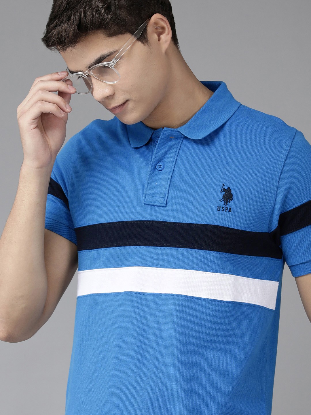 

U.S. Polo Assn. Men Blue & White Striped Polo Collar Pure Cotton Slim Fit T-shirt