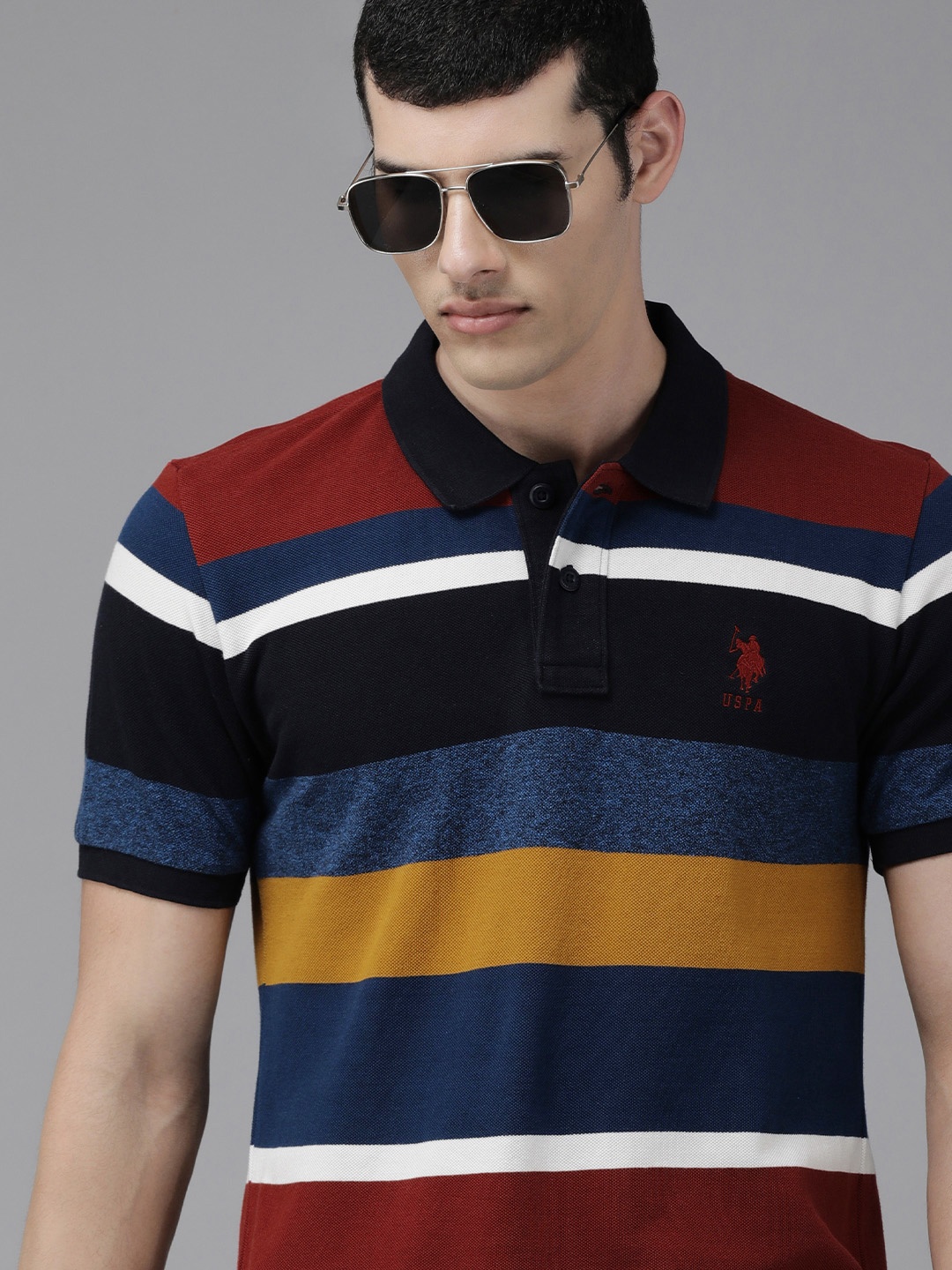 

U S Polo Assn Men Multicoloured Striped Polo Collar Pure Cotton Slim Fit T-shirt, Multi