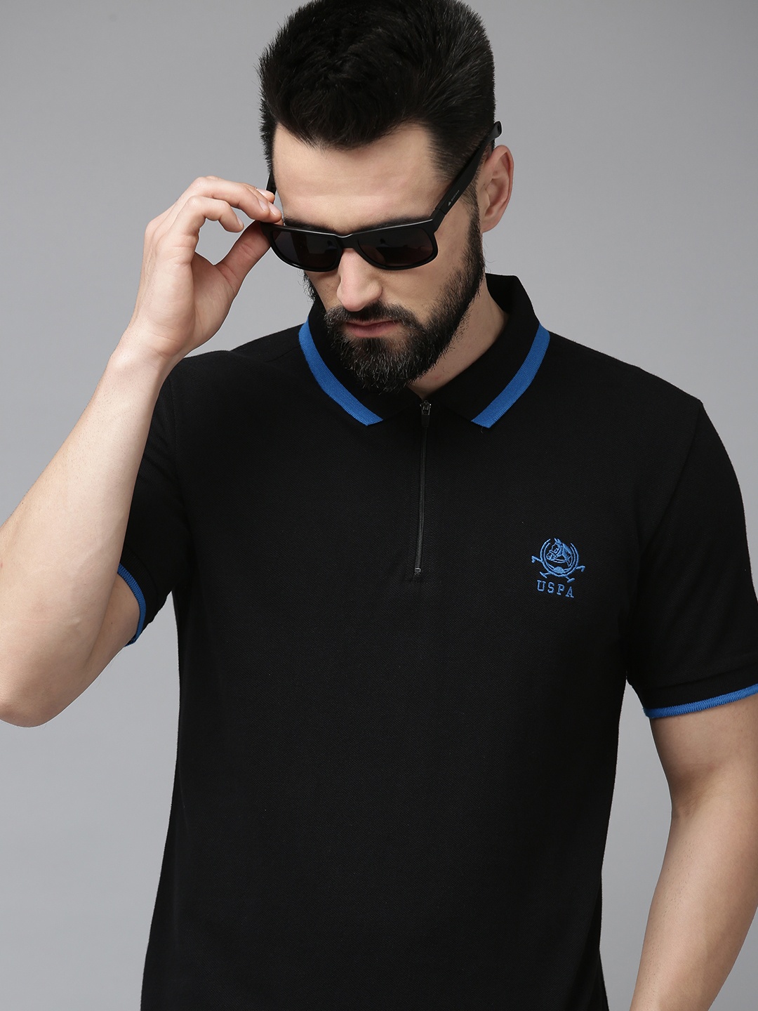 

U S Polo Assn Men Black Polo Collar Pure Cotton Slim Fit T-shirt