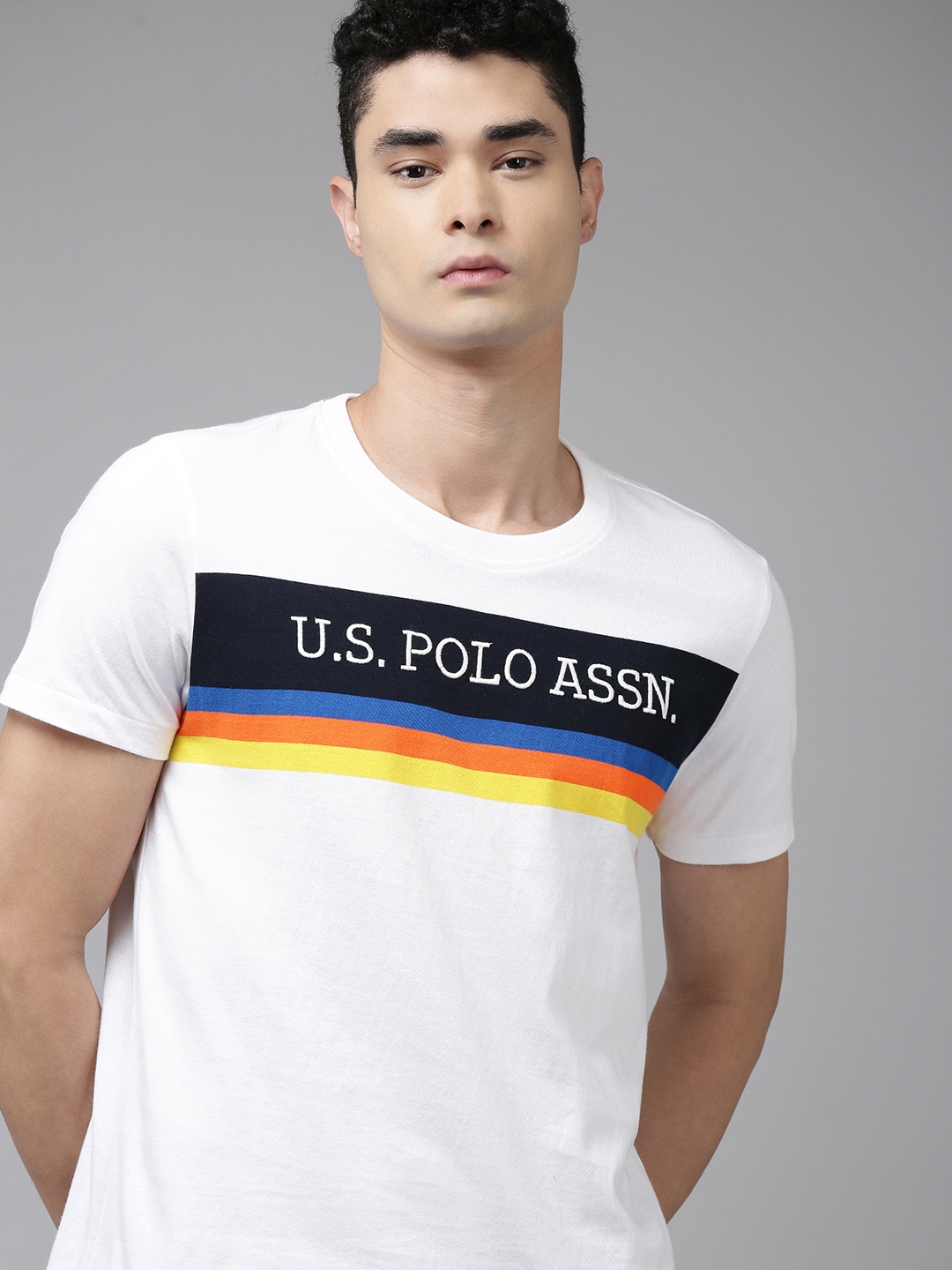 

U S Polo Assn Men White Brand Logo Printed Pure Cotton Slim Fit T-shirt