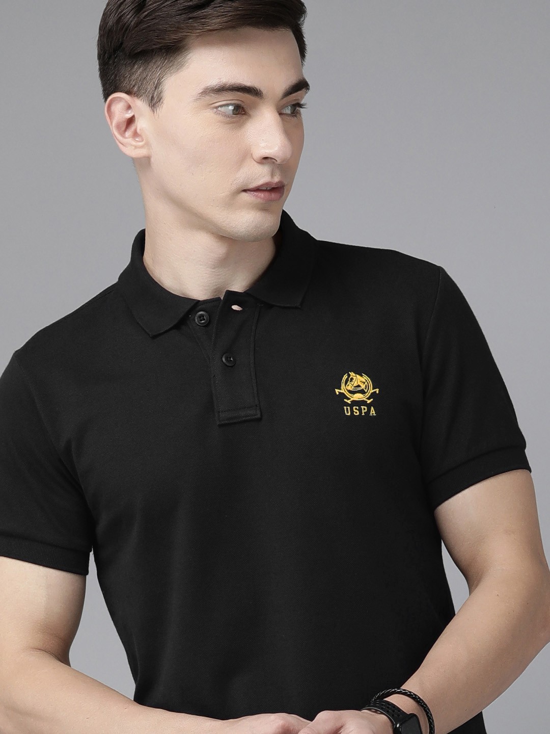 

U S Polo Assn Men Black Brand Logo Printed Polo Collar Slim Fit T-shirt