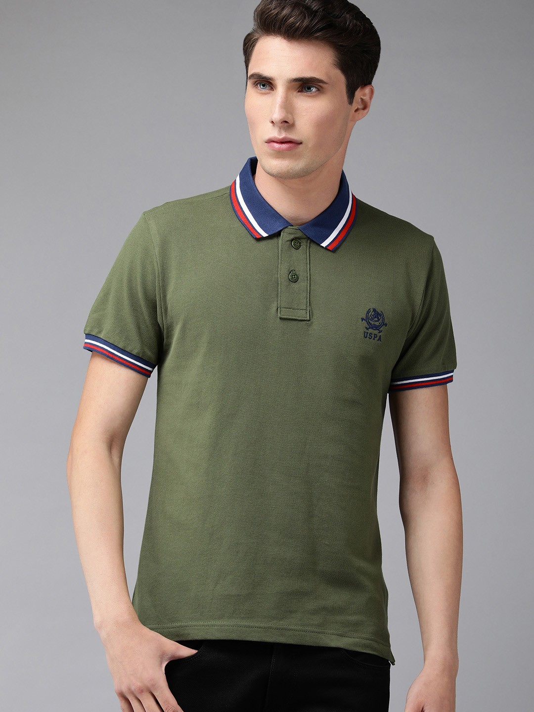 

U S Polo Assn Men Olive Green Brand Logo Embroidered Pure Cotton Slim Fit Polo T-shirt