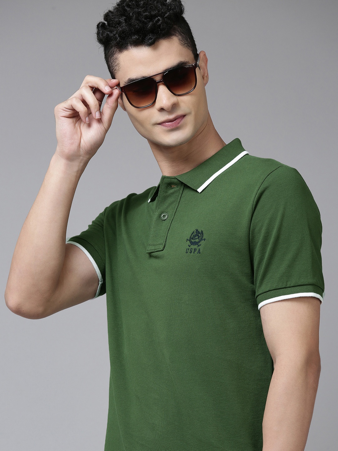 

U.S. Polo Assn. Men Olive Green Polo Collar Pure Cotton T-shirt